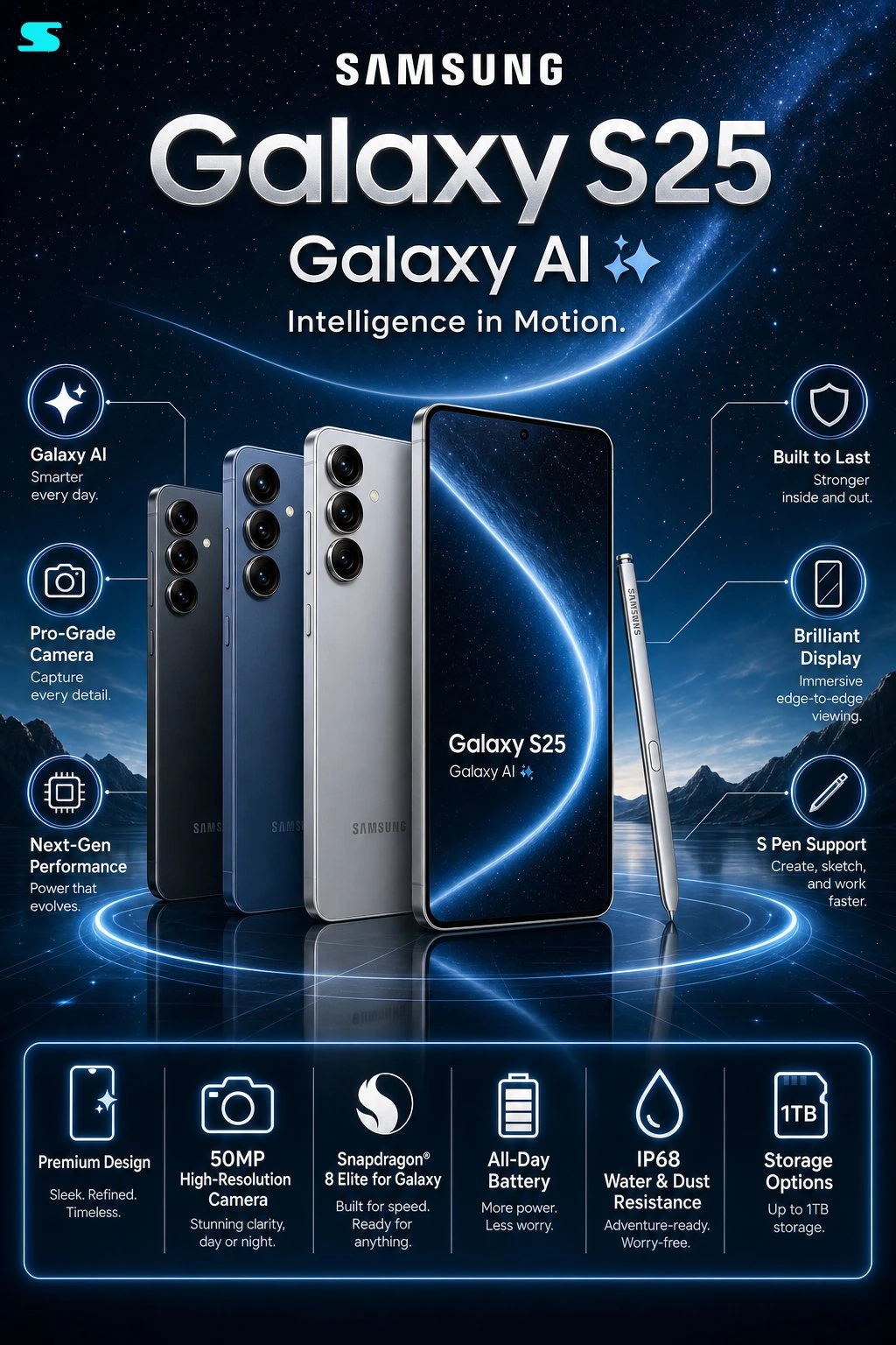 The Samsung Galaxy S25 infographic poster features multiple sleek smartphones against a cosmic blue background, highlighting advanced features and design elements