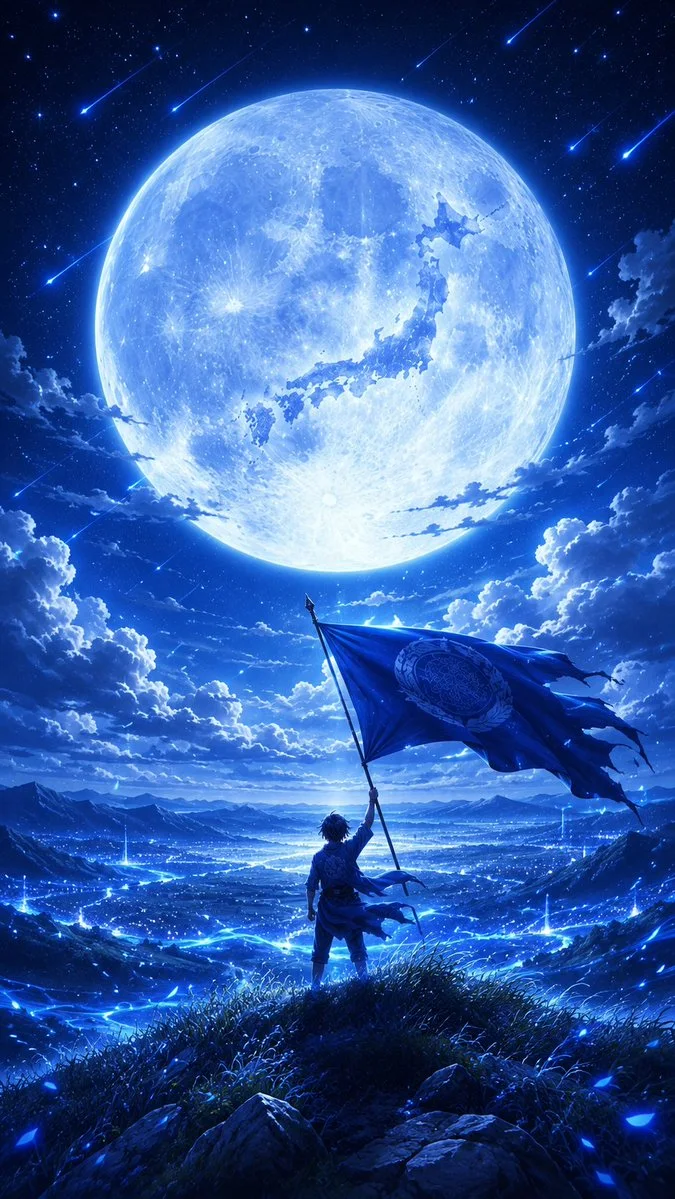 A young samurai stands on a hilltop under a sapphire-blue moon, holding a tattered flag above a luminous valley and distant mountains.