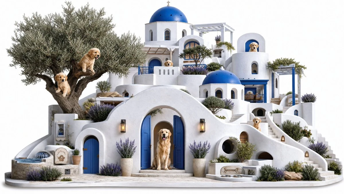 Santorini Golden Retriever Sanctuary ad creative visual