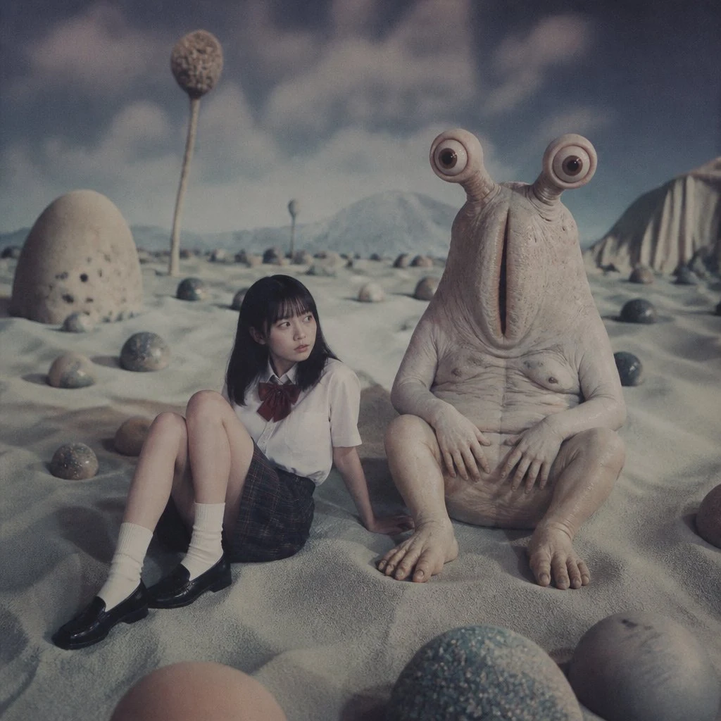 Anime schoolgirl facing an eyestalk alien in a sandy wasteland, with surreal sci-fi storytelling and dramatic scale.