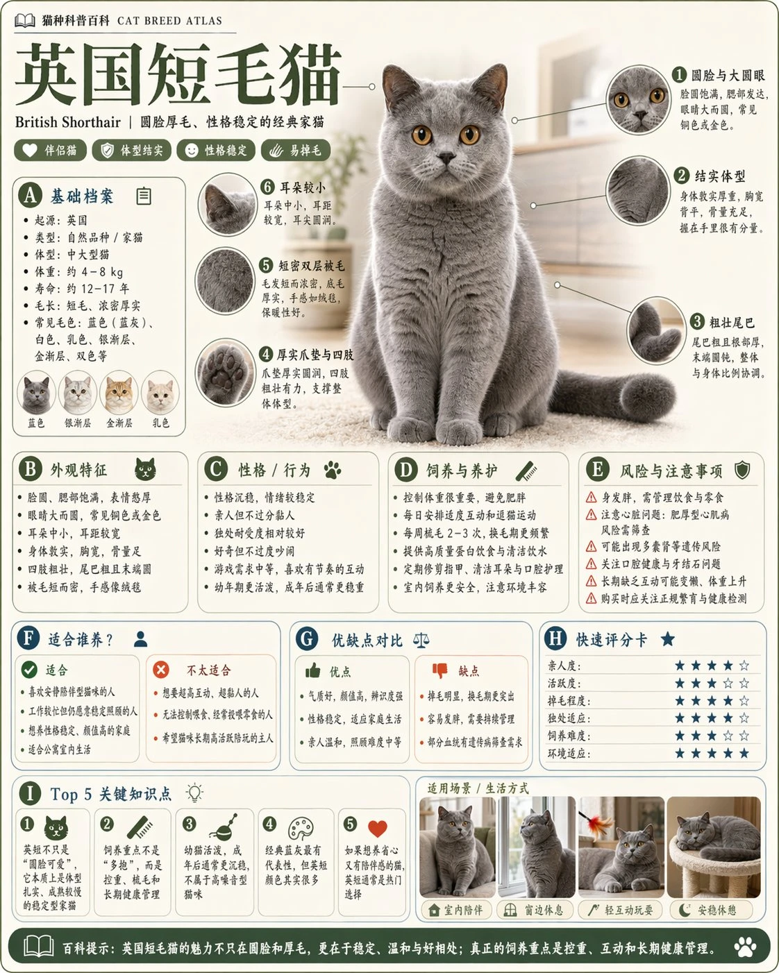 A detailed infographic on British Shorthair cats features modular sections with visual highlights, characteristics, and care tips against a light background
