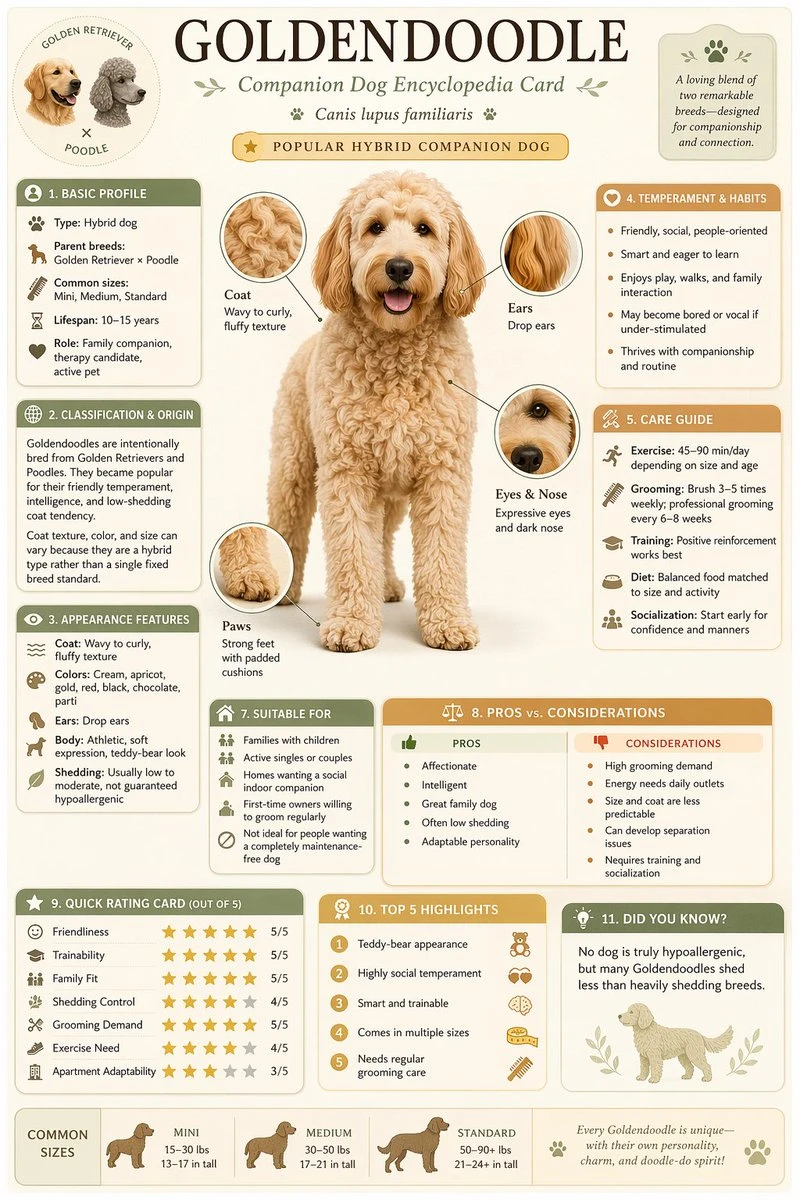 The Goldendoodle encyclopedia card features a detailed profile of the hybrid dog, including its characteristics, care guide, and suitability for families