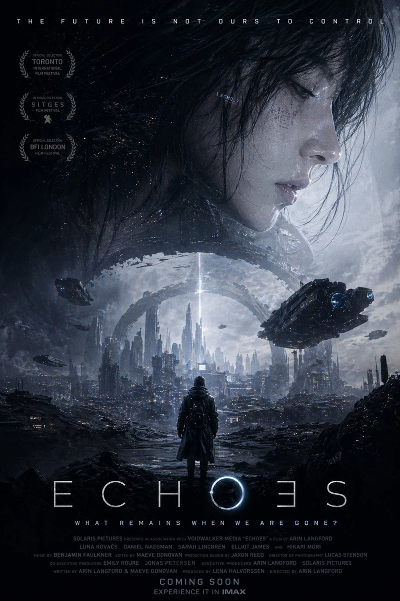 A lone figure stands in a futuristic cityscape under a cosmic backdrop, with the title "ECHOES" prominently displayed