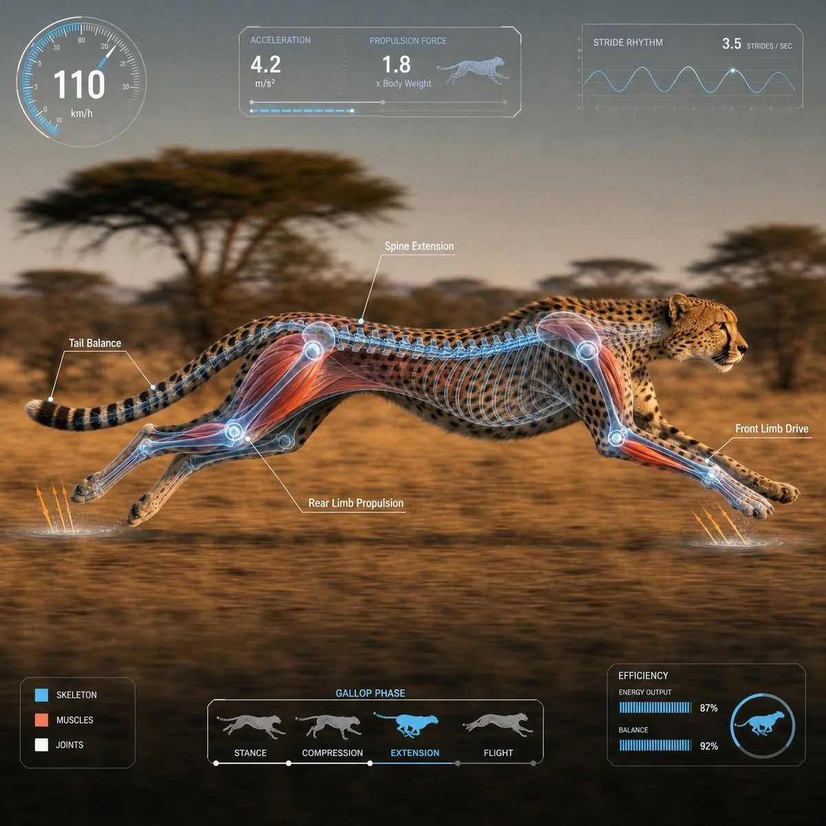 A cheetah is captured in mid-stride, showcasing its anatomy and motion dynamics against a blurred natural background.