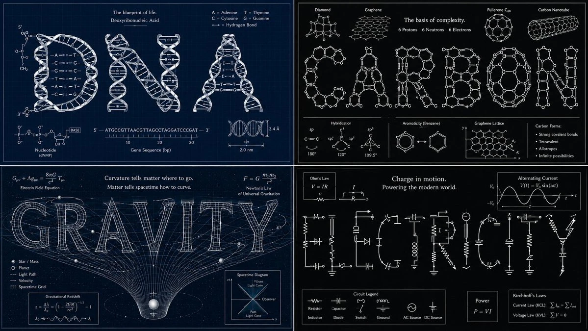 The poster features the words DNA, CARBON, GRAVITY, and ELECTRICITY, each formed from scientific diagrams on a dark blueprint background
