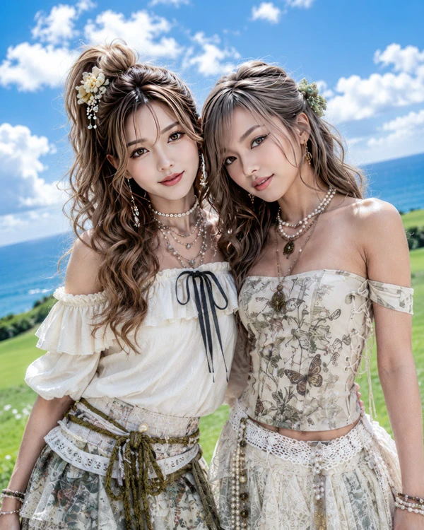 Two women in boho lace outfits posing by the sea under bright blue sky and soft beach light