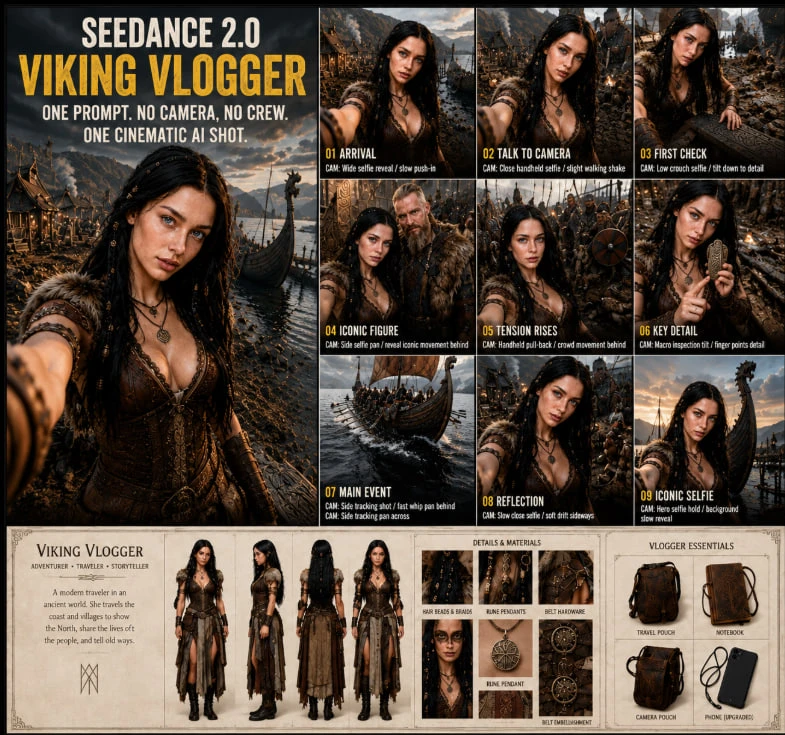 Seedance Viking vlogger storyboard poster with historical travel-vlog panels and cinematic production-pitch layout.