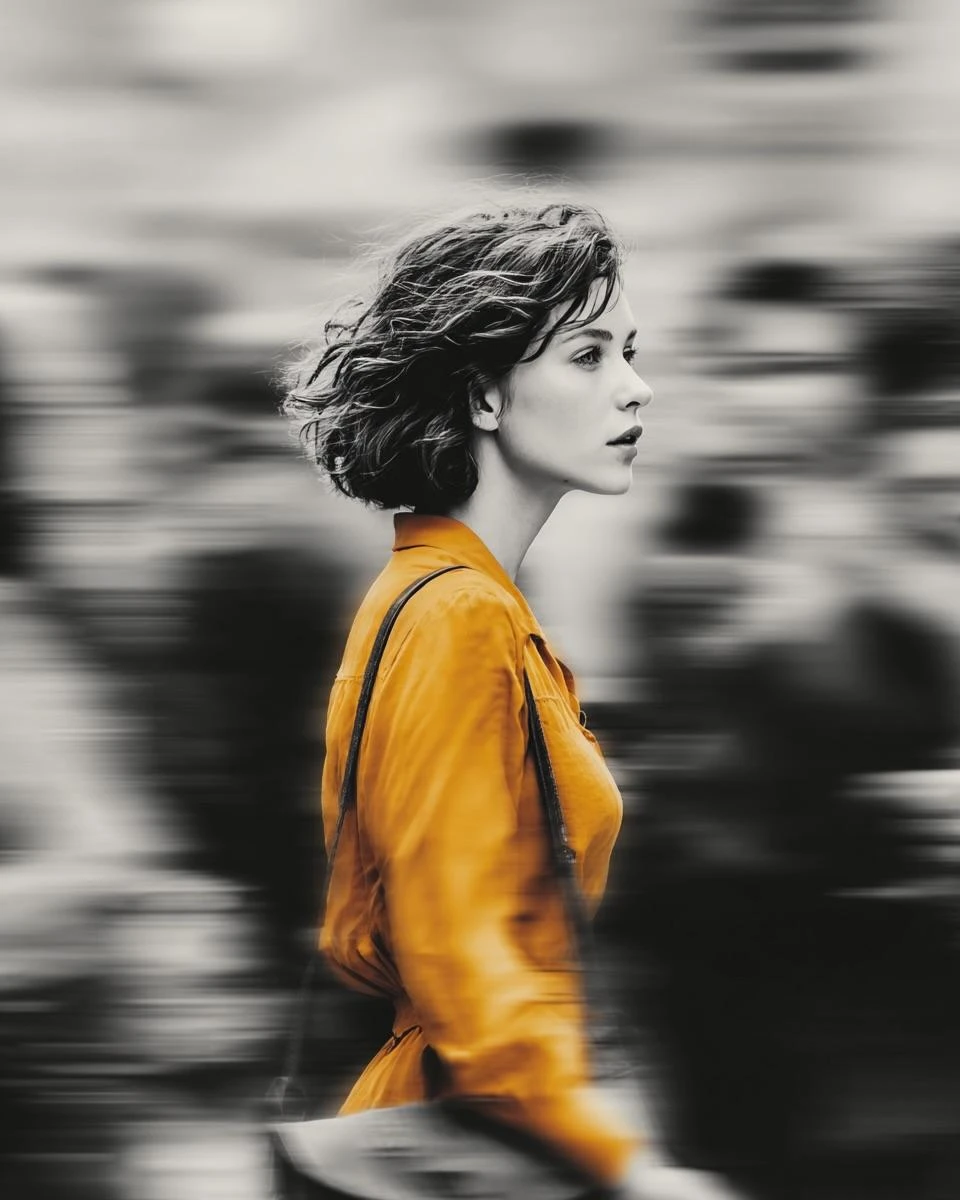 Selective-color street motion portrait with sharp subject focus, blurred city crowd, and a vibrant mustard-yellow coat.