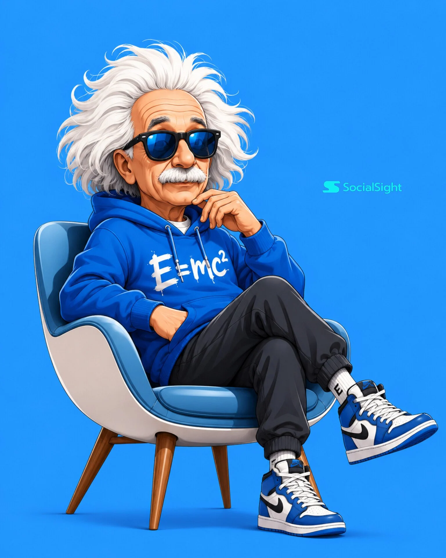 GPT Image 2 prompt example showing a semi-3D fashion editorial avatar seated in a chair against a blue background