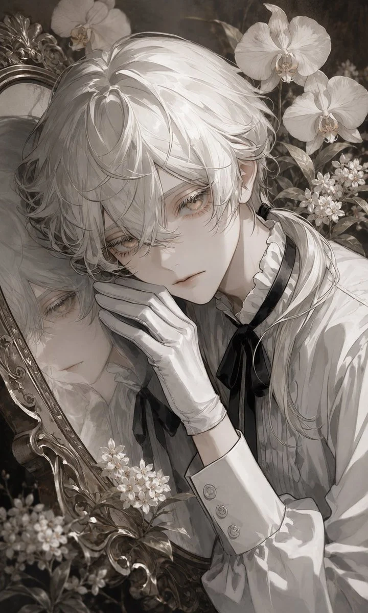 Sepia anime noble portrait with Victorian garden flowers, antique mirror reflection, and gothic manga linework