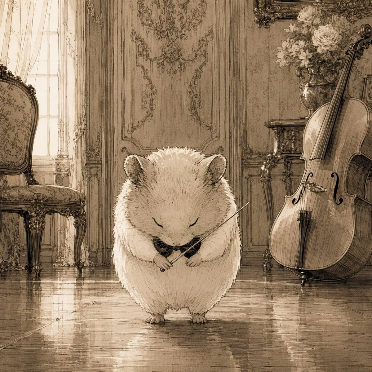 Sepia Hamster Violinist Salon with character-focused concept art, expressive styling and detailed illustration design