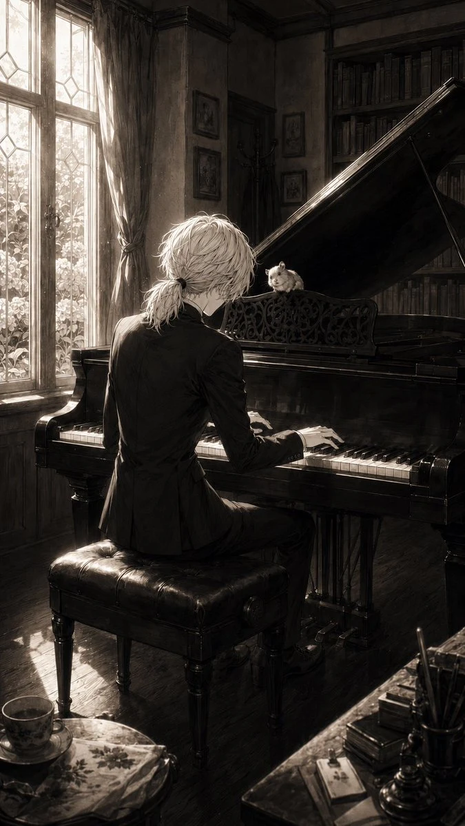 Sepia Pianist and Hamster social media visual