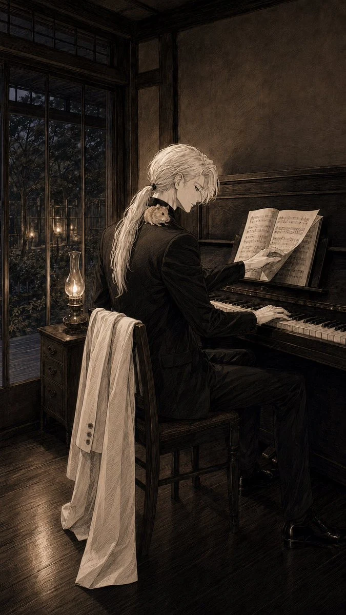 Sepia Pianist in Vintage Room social media visual