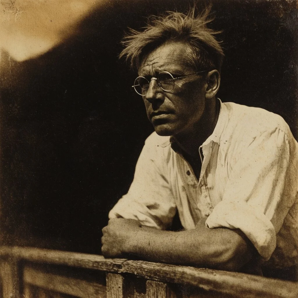 Sepia portrait of a thoughtful man with round glasses leaning on a weathered wooden railing