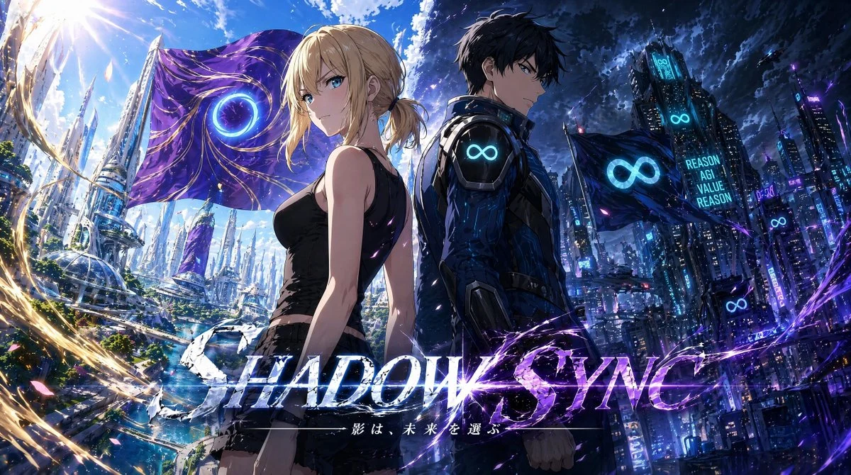 Shadow Sync Anime Key Visual with scroll-ready composition, strong focal subject, and polished social post styling