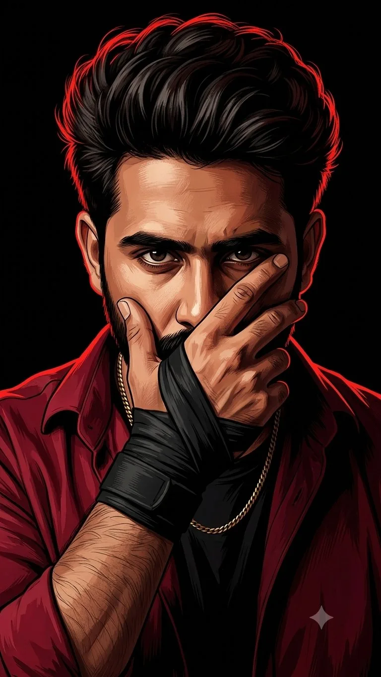 Sharp Digital Portrait Illustration showing an editorial portrait subject with styled wardrobe, lighting and background detail