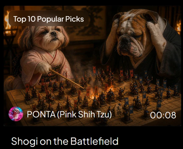 Video thumbnail of two dogs playing shogi on a miniature fiery battlefield with duration and title strip