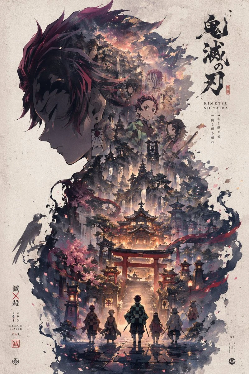 A silhouette of a character with colorful hair stands over a group of figures in a detailed landscape with traditional architecture.