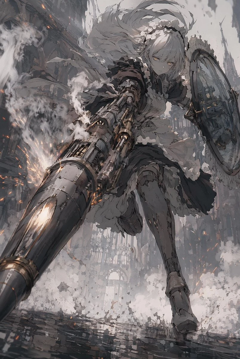 Silver-haired battle maid in a ruined gothic setting, wielding a glowing blade with dynamic anime action styling.