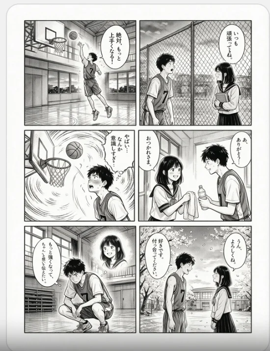 Six-panel manga page combining a basketball game with a tender romance scene