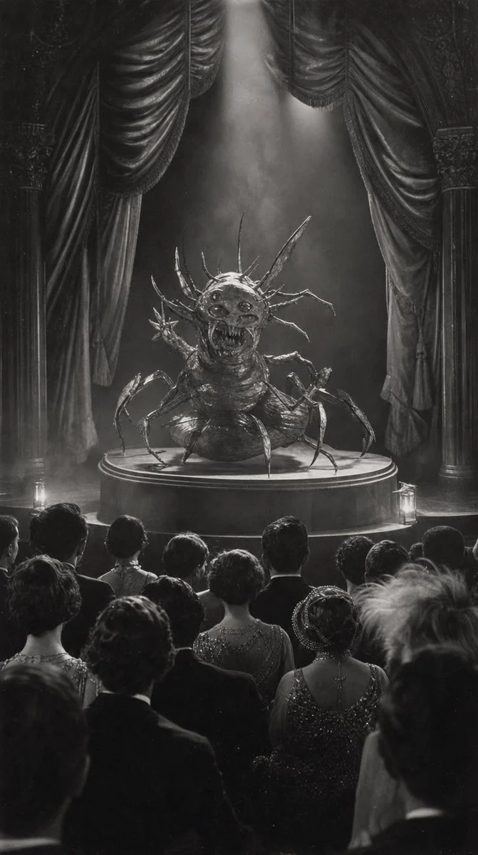 Sketch to Vintage Horror Theater Scene with sequential panels, cinematic framing, and clear storytelling layout