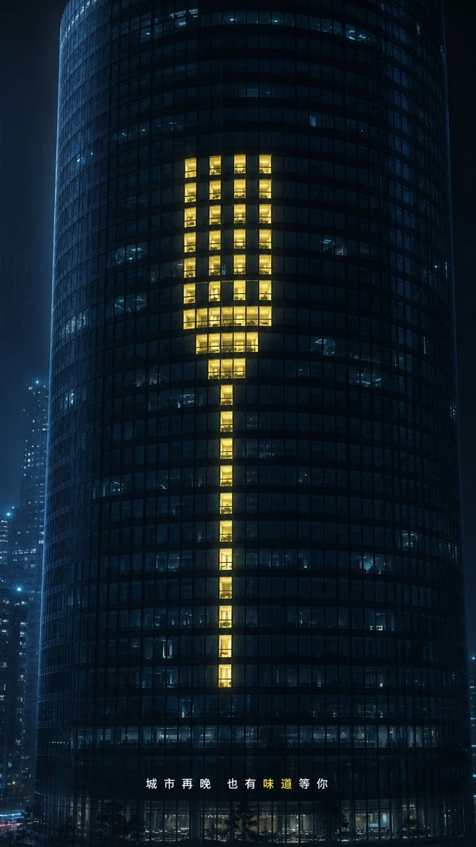 Commercial skyscraper visual where glowing office windows form a fork silhouette on a rainy blue-black city tower.