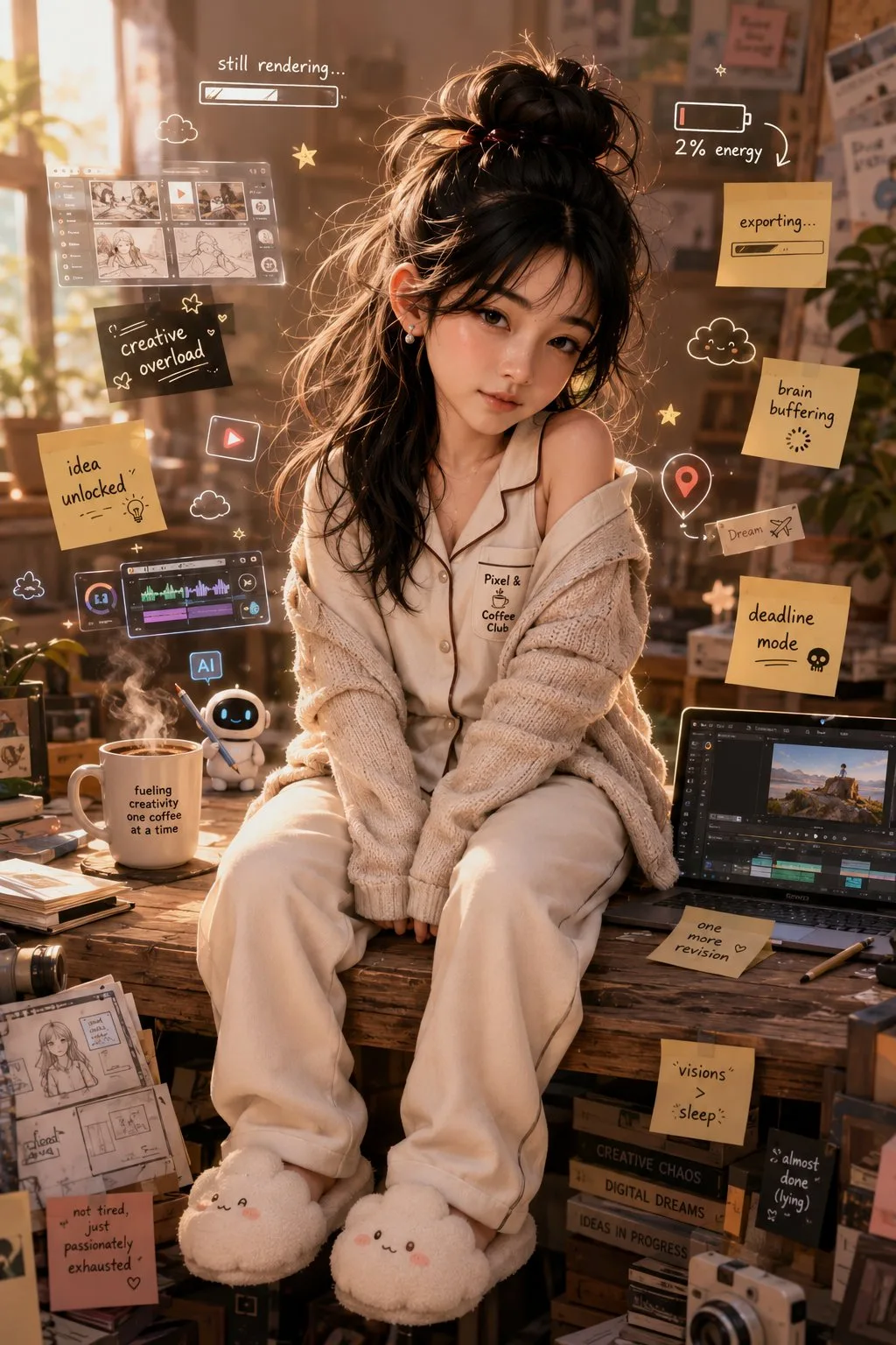 Sleepy chibi-style creator sitting in pajamas amid sticky notes, screens, coffee, and cluttered late-night desk props