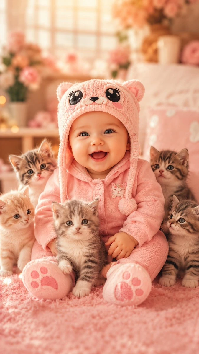 Smiling baby in a pink hooded outfit sitting with five kittens in a warm nursery scene