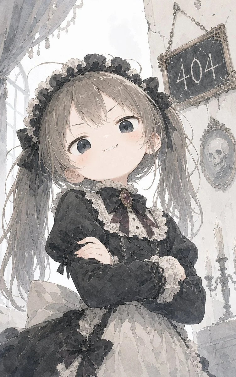Smug Gothic Maid 404 Portrait with expressive character styling, soft illustration detail and portrait-focused composition