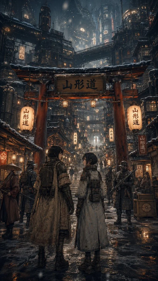 Snowy cyberpunk Japanese mountain city scene with travelers passing under a red torii-style gate