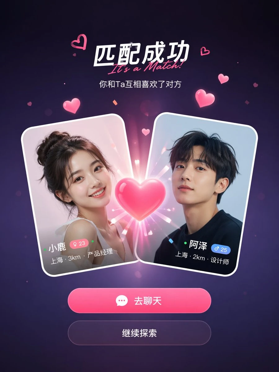 Two user profile cards collide with a heart effect on a social app success screen, featuring matching details and options to chat or explore further