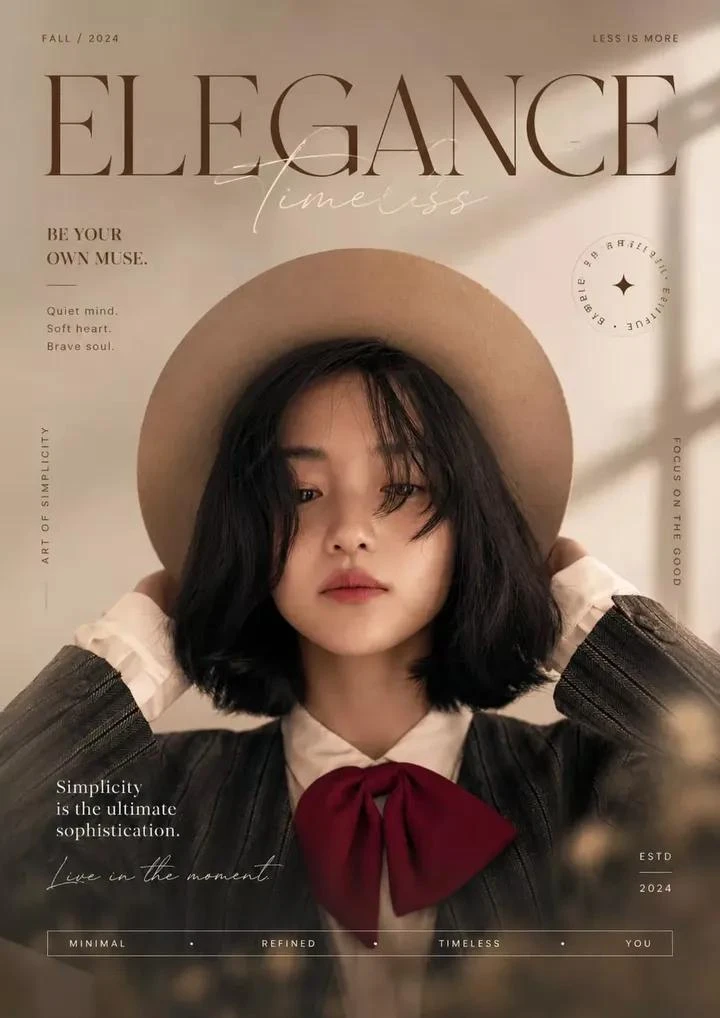 A young East Asian girl with a short black bob and beige hat poses on a fashion magazine cover featuring elegant typography and a warm monochrome palette