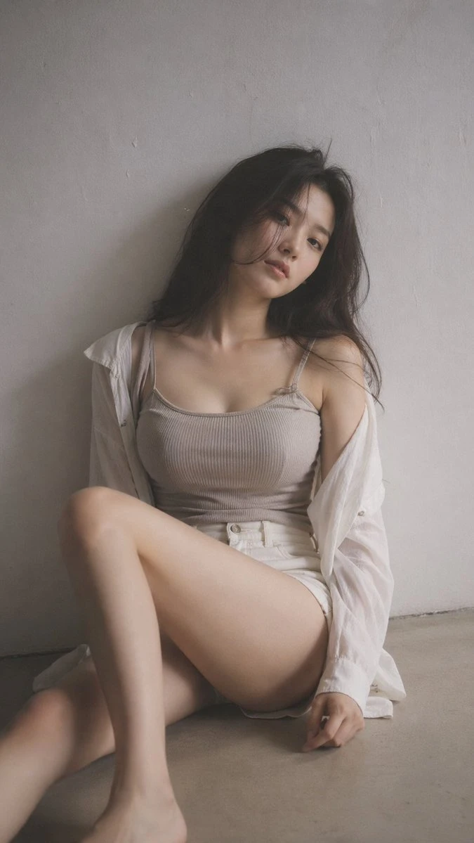 A young Korean woman sits on the floor in a minimal indoor space, wearing a fitted ribbed top and high-waisted shorts, with soft lighting and muted tones