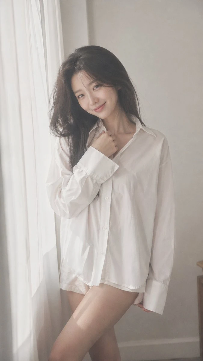 Soft mist portrait of a young woman in an oversized white shirt beside bright sheer curtains