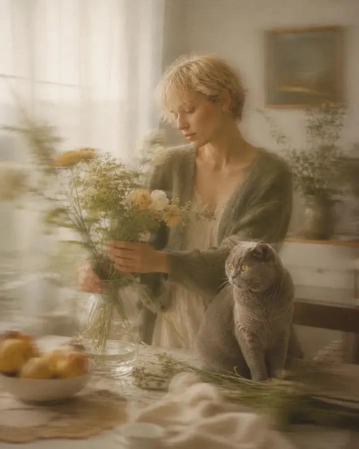 Fine art portrait photograph with soft motion blur, muted tones, and atmospheric shallow-depth composition