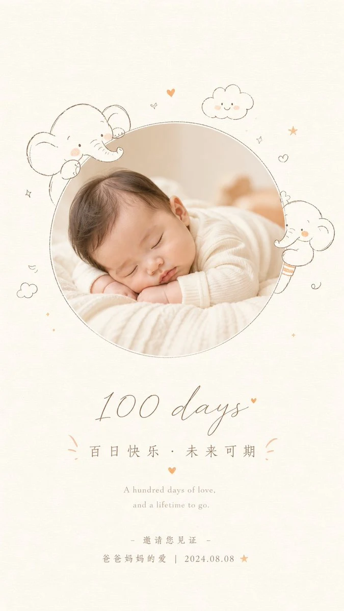Soft newborn 100-days milestone card with gentle baby portrait styling, pastel tones, and commemorative layout.
