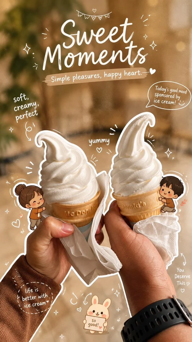 Two hands hold vanilla soft serve ice cream cones against a warm cafe backdrop, adorned with cute doodles and handwritten text