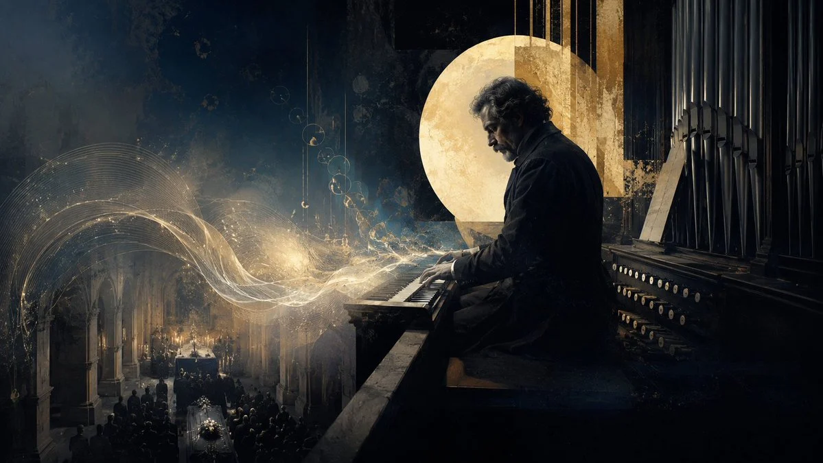 Solemn Cathedral Organist with sequential storytelling, expressive character design and cinematic panel composition
