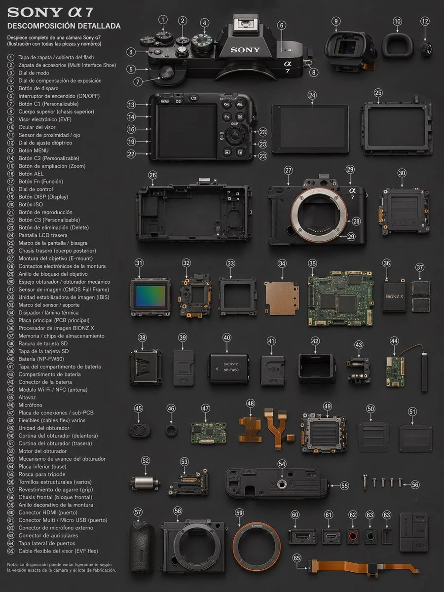Detailed exploded view of the Sony A7 camera, showcasing its individual components and labels against a dark background