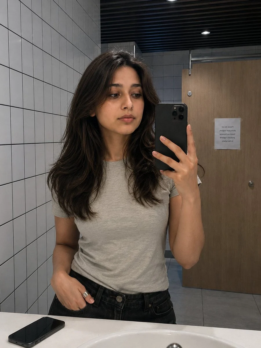 South Asian Woman Mirror Selfie with expressive portrait styling, crisp facial detail and profile-ready composition