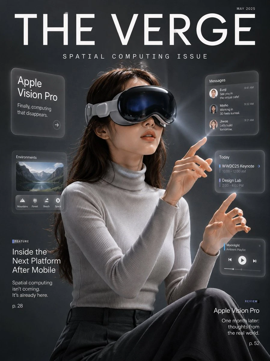 Spatial computing tech magazine cover with sleek headset styling, tailored fashion, and ultra-realistic editorial lighting.