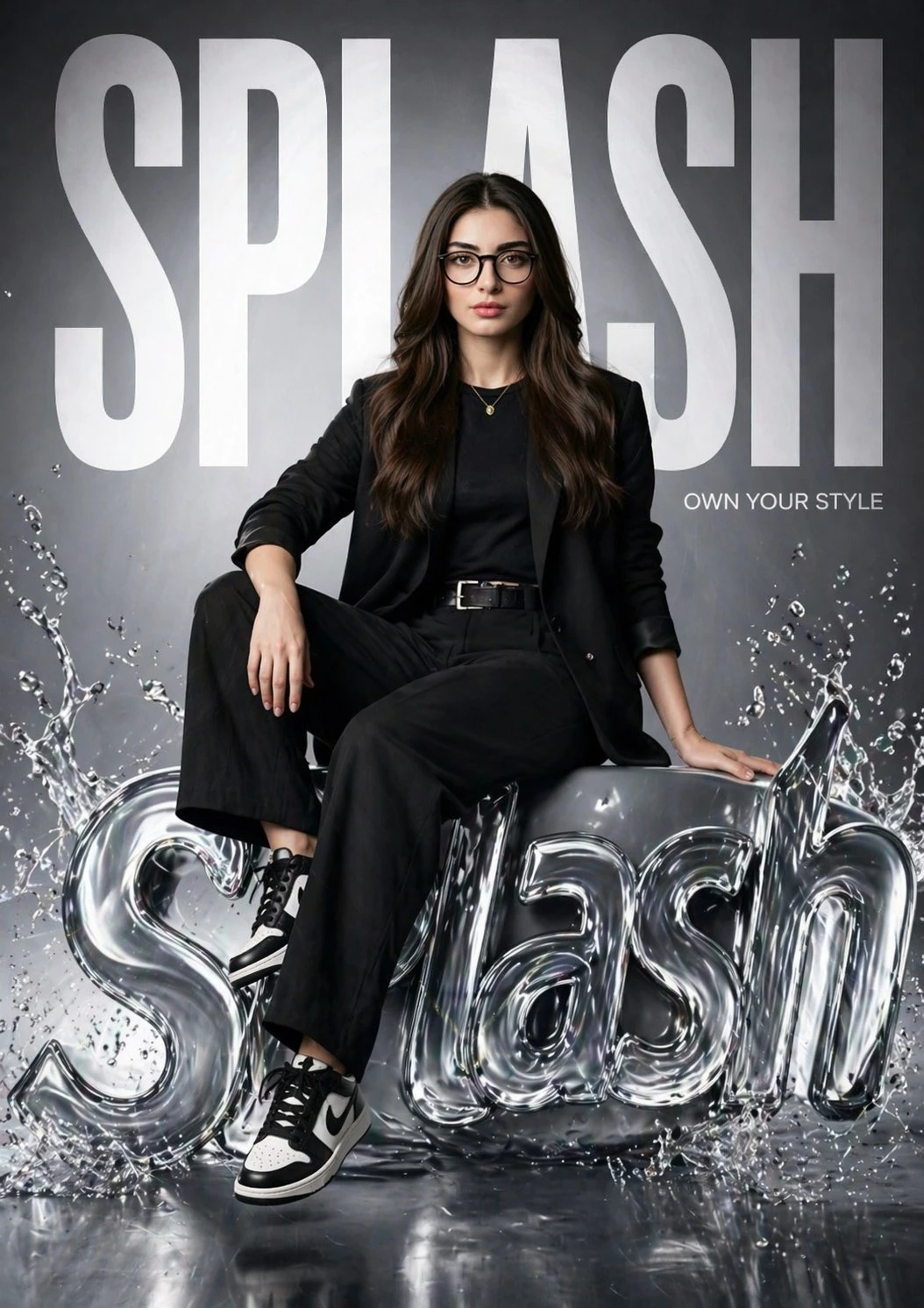 A confident woman in modern black street fashion poses on a glossy, liquid-style SPLASH logo, with bold text and water splash effects in the background