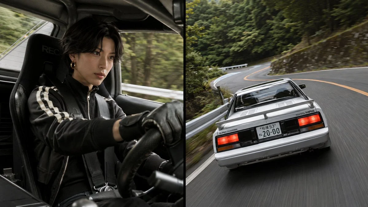 Split-screen MR2 touge drive comparison with car action framing, mountain road mood, and cinematic motion