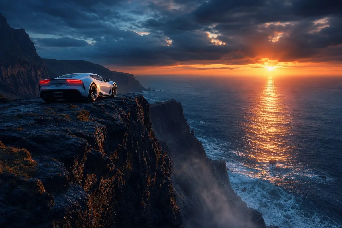 A cinematic photorealistic scene of a luxury sports car parked on a towering coastal cliff above the ocean at sunset