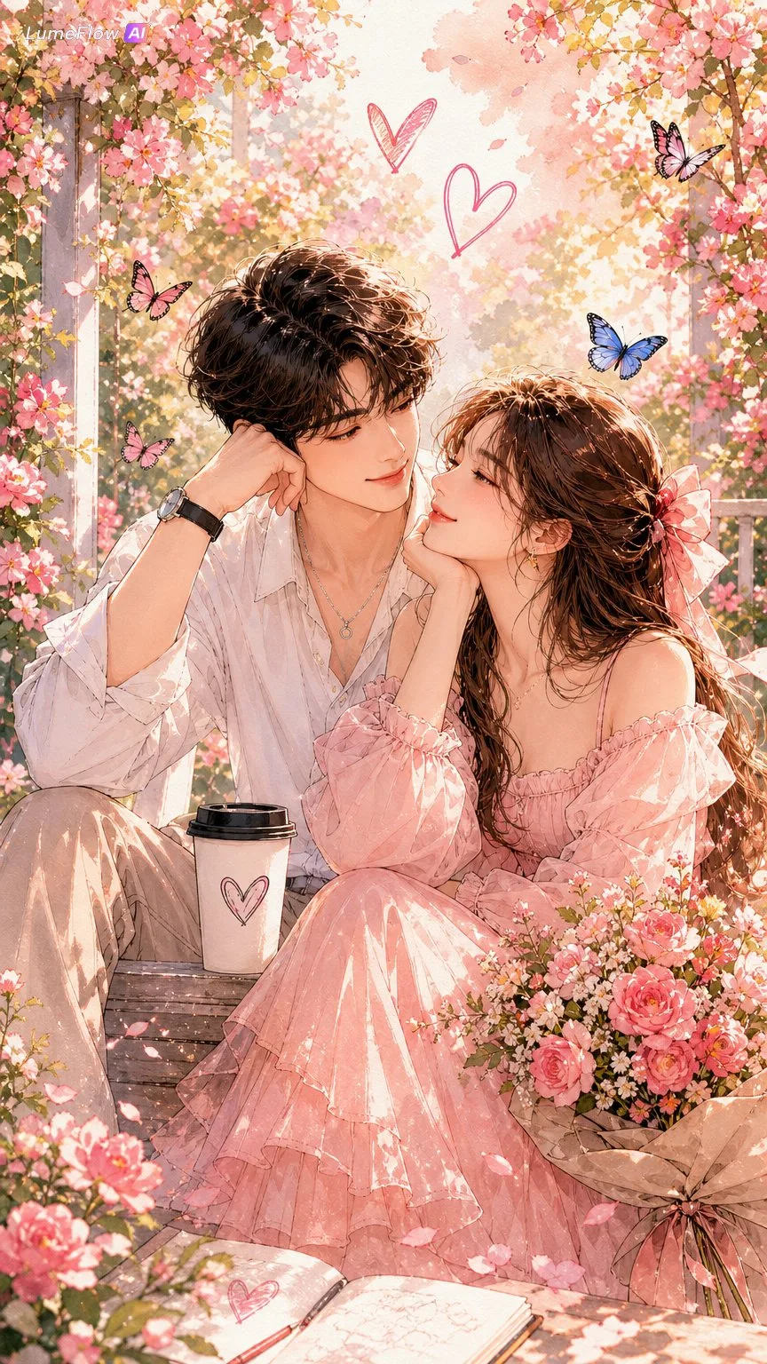 Soft watercolor illustration of a romantic couple in a pink spring garden surrounded by blossoms and butterflies