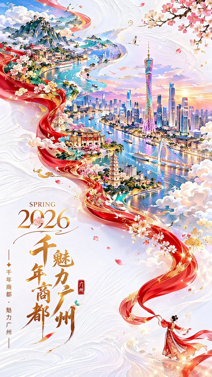 A vibrant poster for Spring 2026 showcases Guangzhou's skyline and landmarks, featuring a flowing red silk ribbon transforming into a mountain river