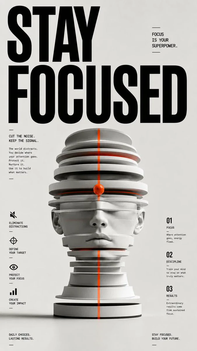 Minimal editorial Stay Focused poster with sculptural central object, bold typography and restrained gray design