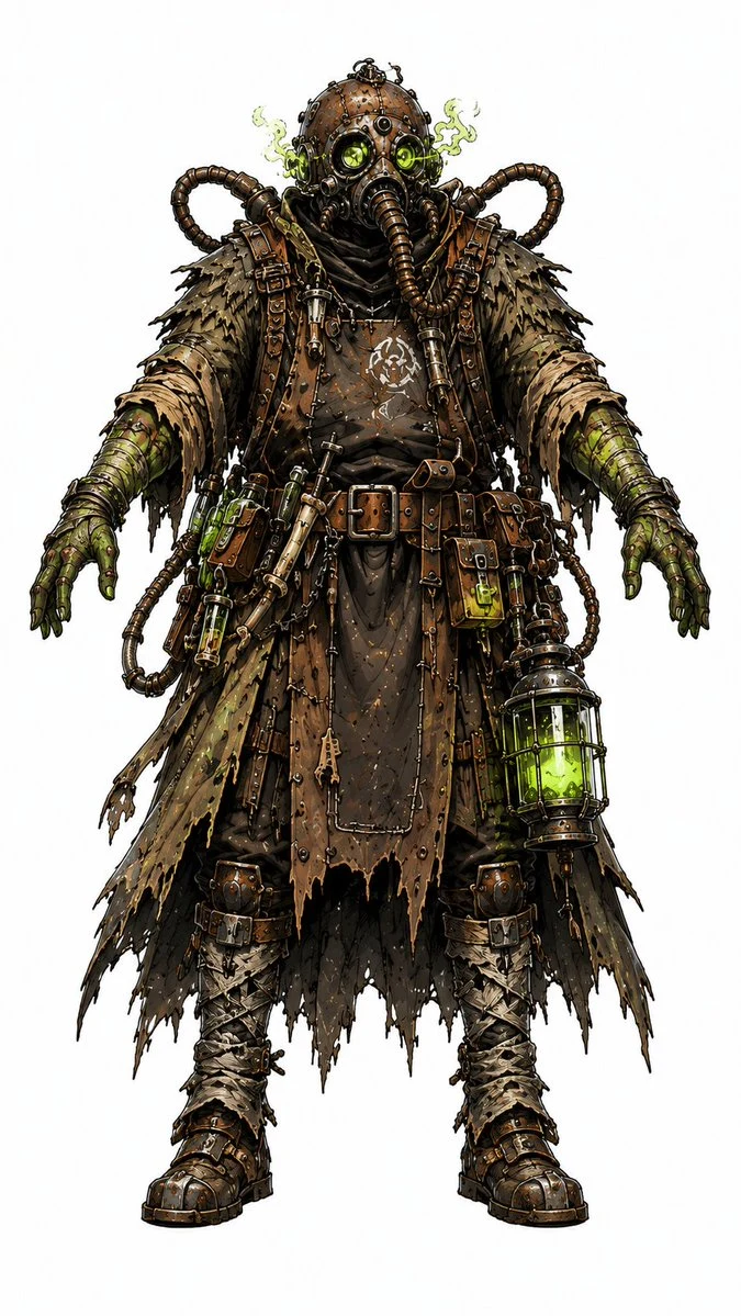 Steampunk plague alchemist character design with mask, layered costume, brass details, and dark fantasy styling.