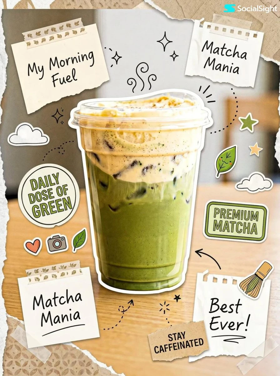 A matcha drink is surrounded by playful sticker elements, including doodles and notes, creating a scrapbook-style collage