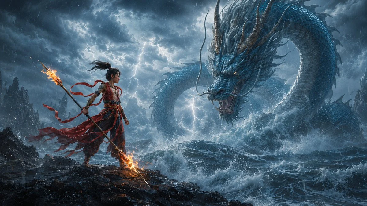 A fantasy game key art scene with a Nezha-inspired warrior facing a colossal blue sea dragon in a stormy ocean battle